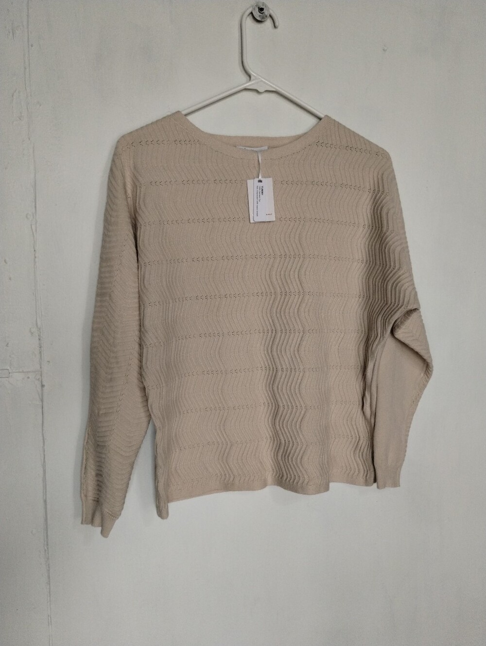 Milano Cream Textured Wave Knit Crewneck Sweater